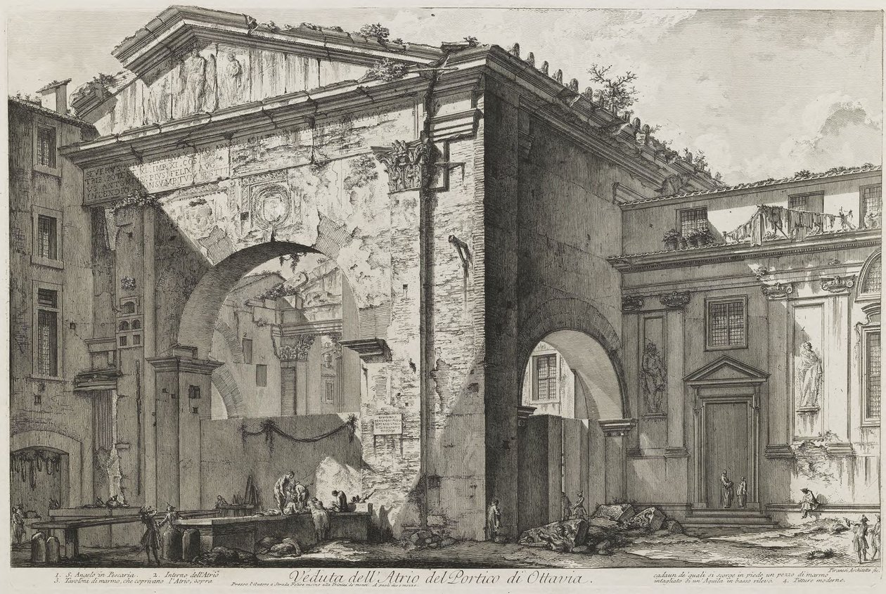 Vista del atrio del Pórtico de Octavia (El Pórtico de Octavia: el pórtico de entrada, exterior) de Giovanni Battista Piranesi