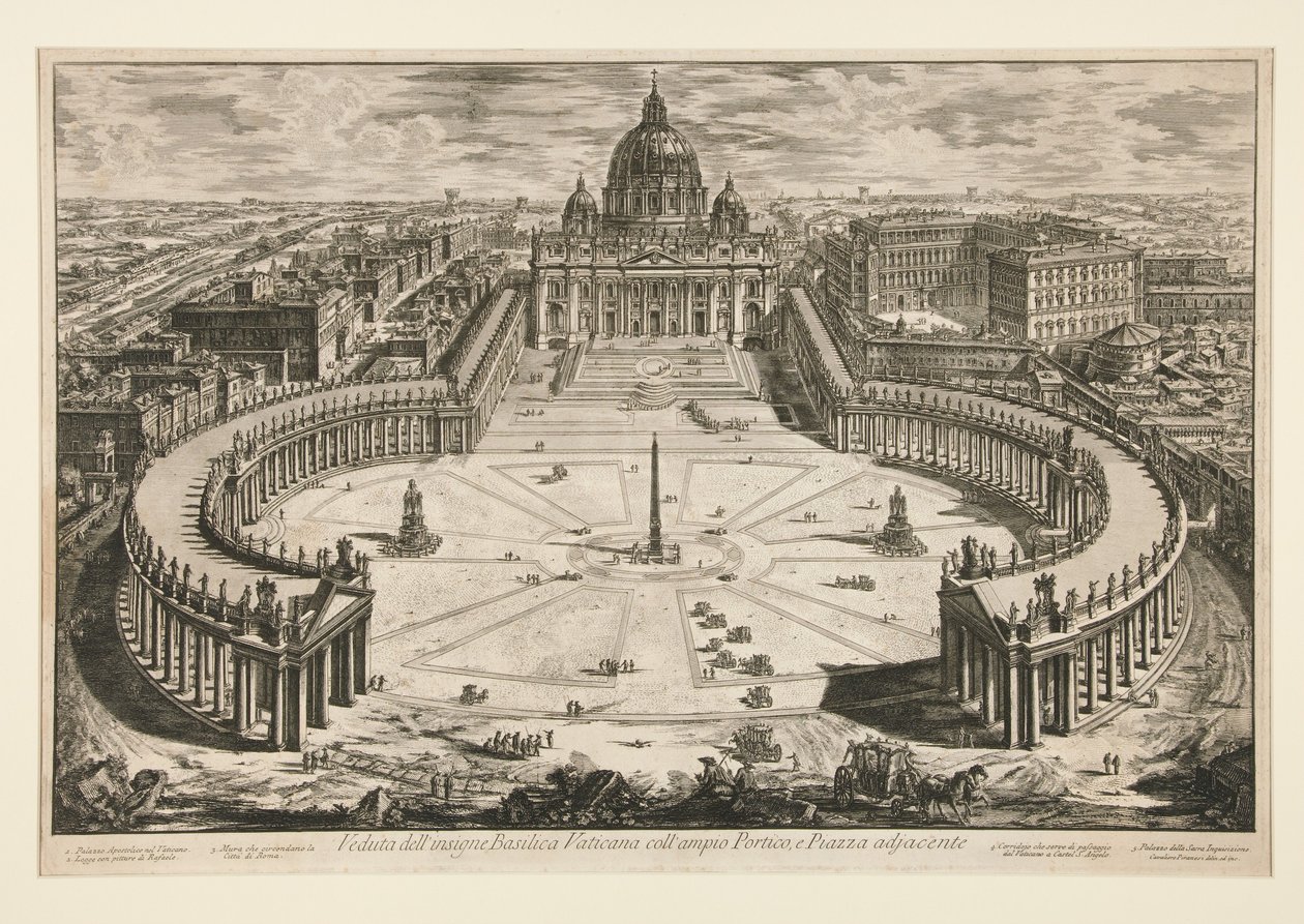 Vista de la ilustre basílica vaticana con el amplio pórtico y la plaza adyacente, de Vedute di Roma de Giovanni Battista Piranesi