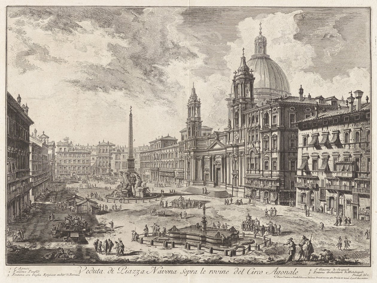 Vista de la Piazza Navona sobre las ruinas del Circo Agonal (Vista de la Piazza Navona sobre las ruinas del circo de Domiciano), de Vedute di Roma (Vistas de Roma) de Giovanni Battista Piranesi