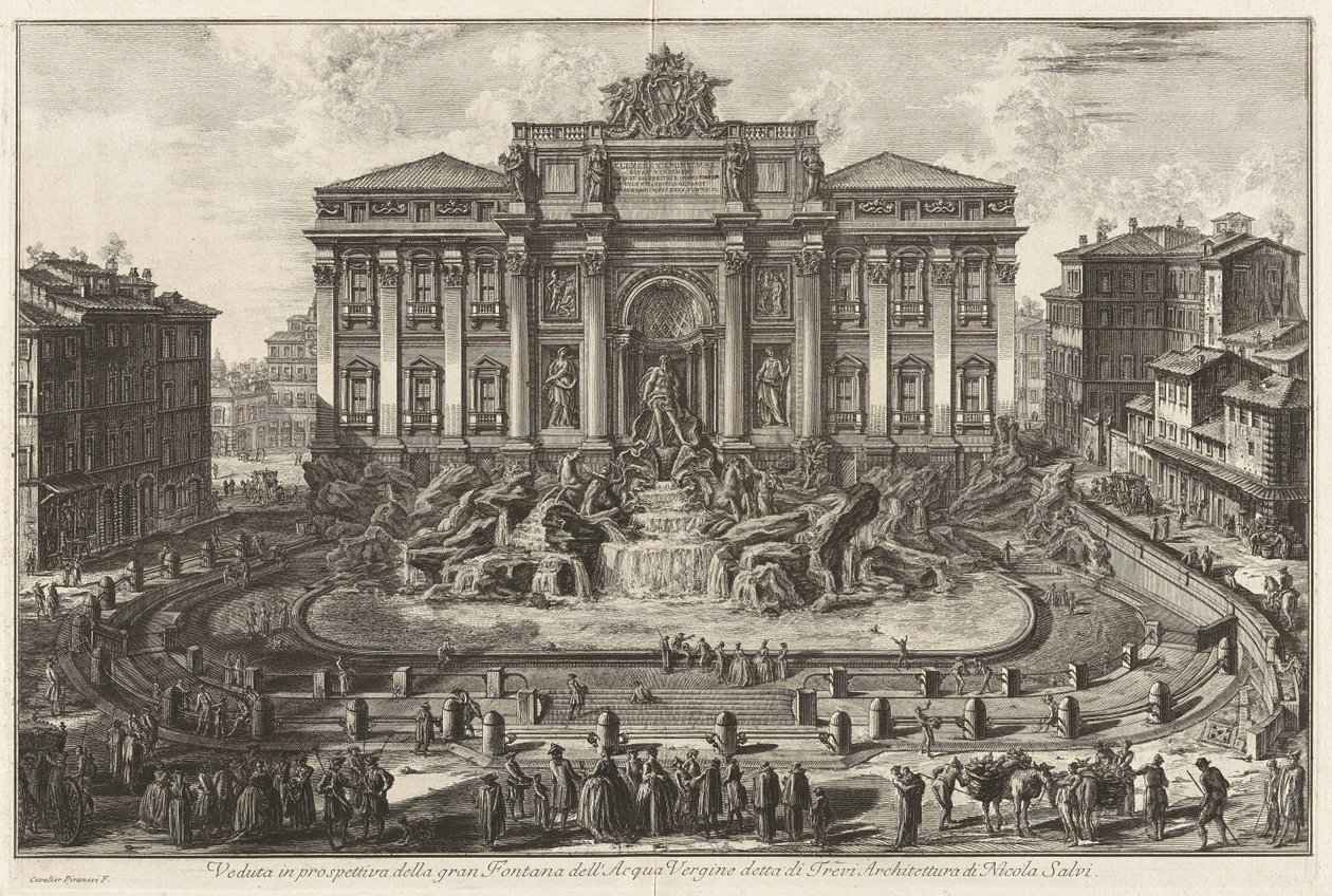 Vista en perspectiva de la gran fuente del Acqua Vergine, llamada fuente de Trevi, arquitectura de Nicola Salvi, de Vedute di Roma de Giovanni Battista Piranesi