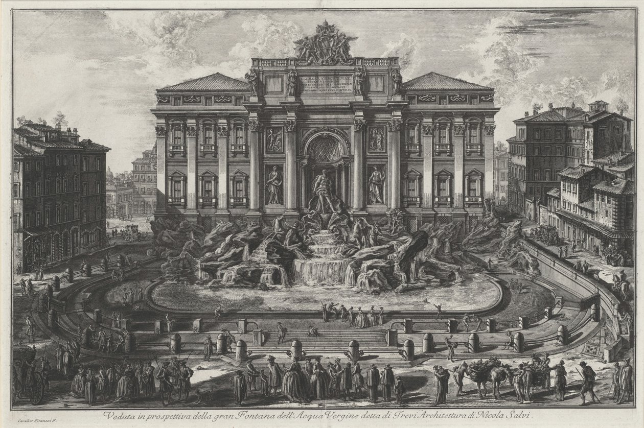 Vista en perspectiva de la gran fuente del Acqua Vergine llamada de Trevi, arquitectura de Nicola Salvi de Giovanni Battista Piranesi