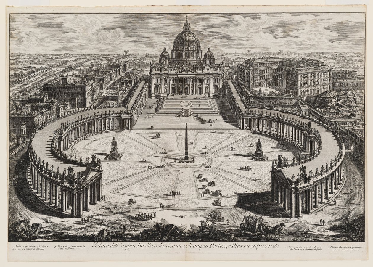 Vista de la insigne basílica vaticana con el amplio pórtico y la plaza adyacente, lámina 120 de Vistas de Roma de Giovanni Battista Piranesi