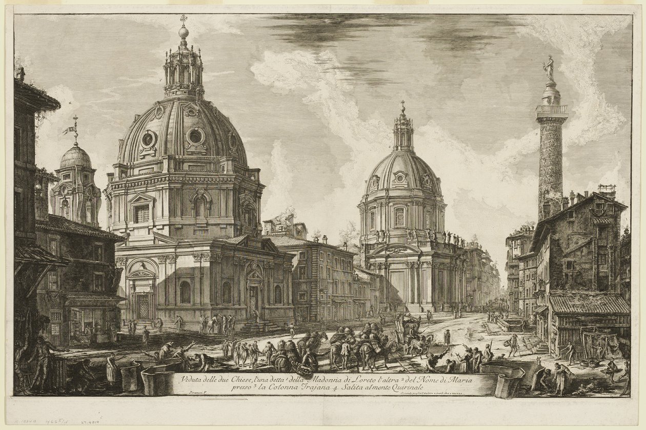 Vista de dos iglesias, una llamada 1. S. Maria di Loreto, la otra 2. S. Maria di Loreto. El Nombre de María, cerca de 3. Columna de Trajano. 4. La subida al Quirinal, desde Vistas de Roma de Giovanni Battista Piranesi