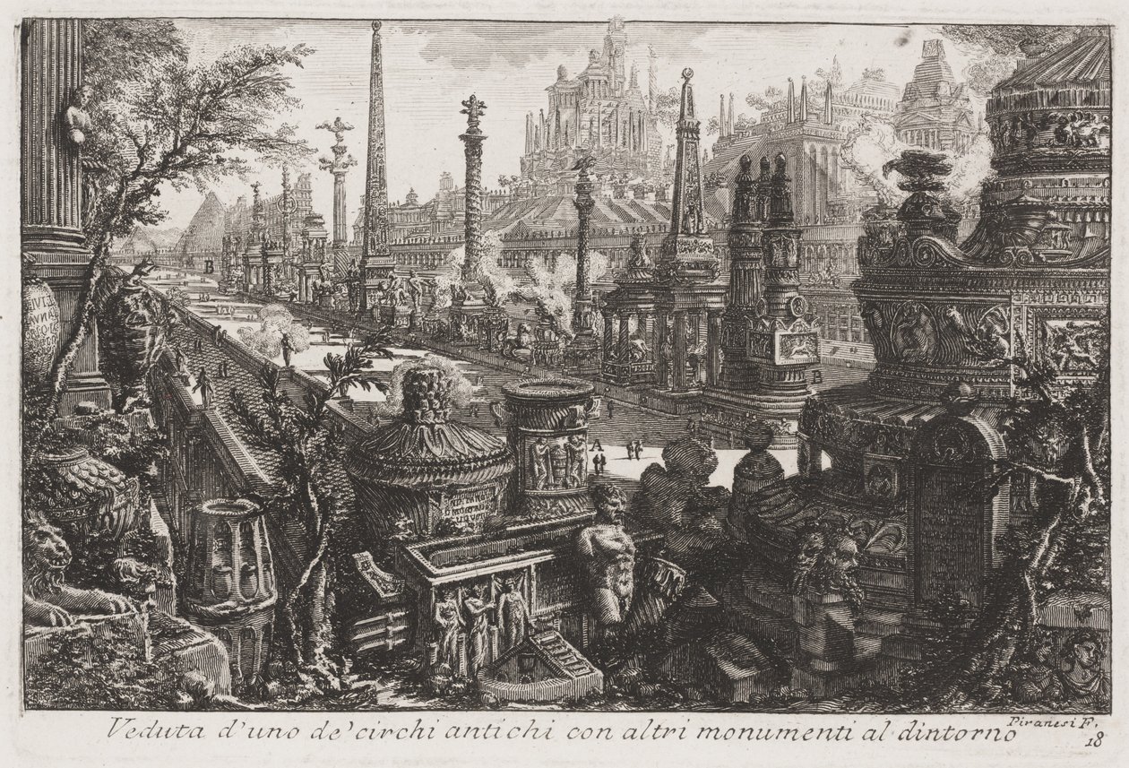 Vista de un antiguo circo con otros monumentos dentro de Giovanni Battista Piranesi