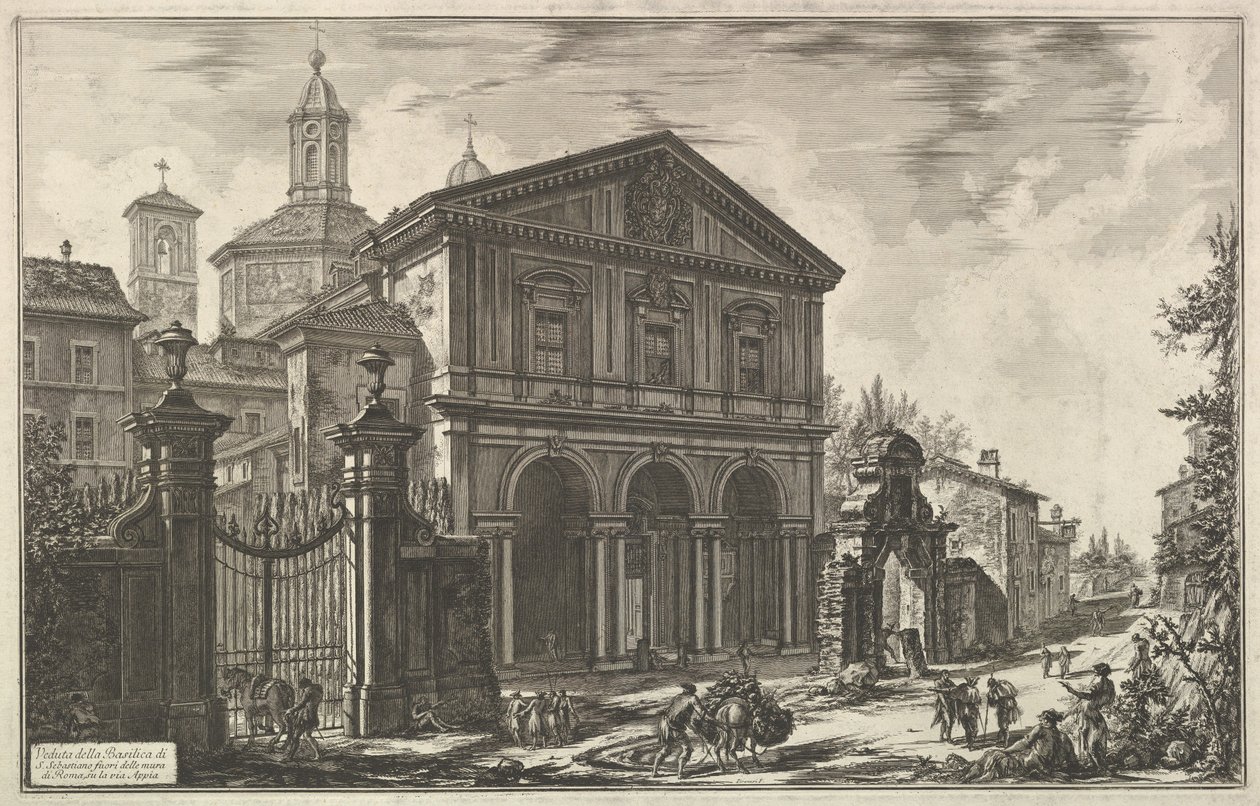 Vista de la basílica de San Sebastiano fuori delle mura [San Sebastián extramuros] en la Vía Apia, de Vedute di Roma (Vistas de Roma) de Giovanni Battista Piranesi