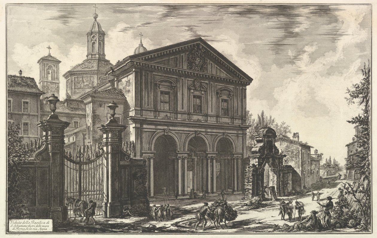 Vista de la basílica de San Sebastiano fuori delle mura [San Sebastián extramuros] en la Vía Apia, de Vedute di Roma (Vistas de Roma) de Giovanni Battista Piranesi