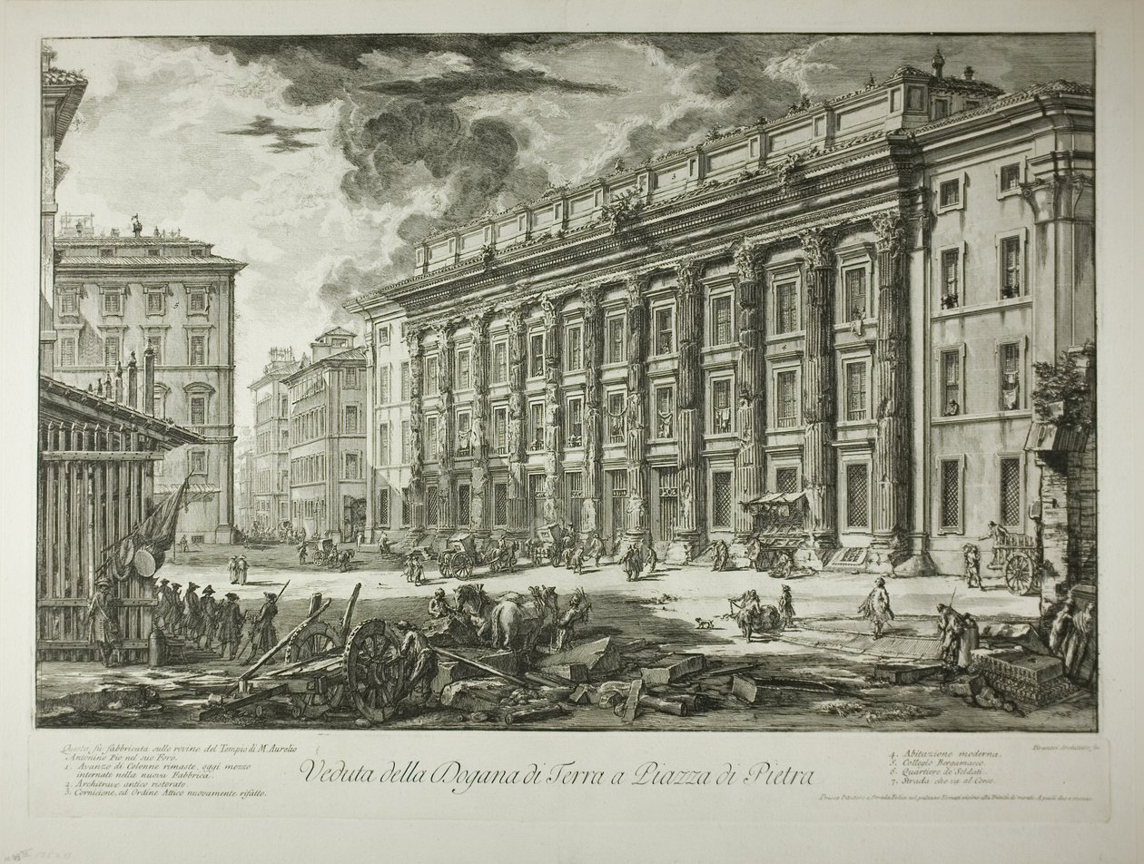 Vista de la Aduana de la Piazza di Pietra, construida dentro de las ruinas del Templo de Marco Aurelio Antonino Pío en su Foro, de Views of Rome de Giovanni Battista Piranesi