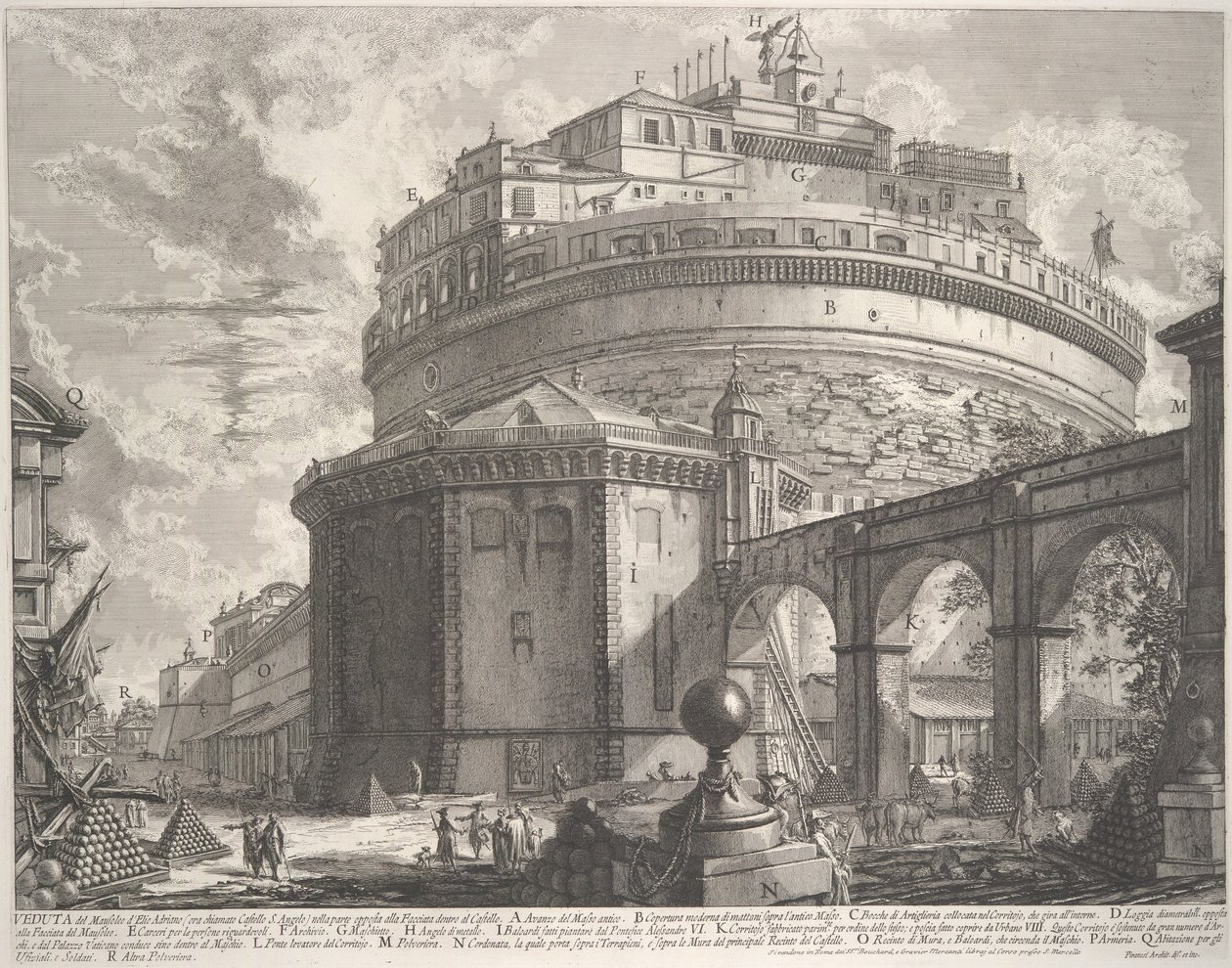 Vista del Mausoleo del Emperador Adriano ahora llamado Castel S. Angelo, ca. 1756 de Giovanni Battista Piranesi