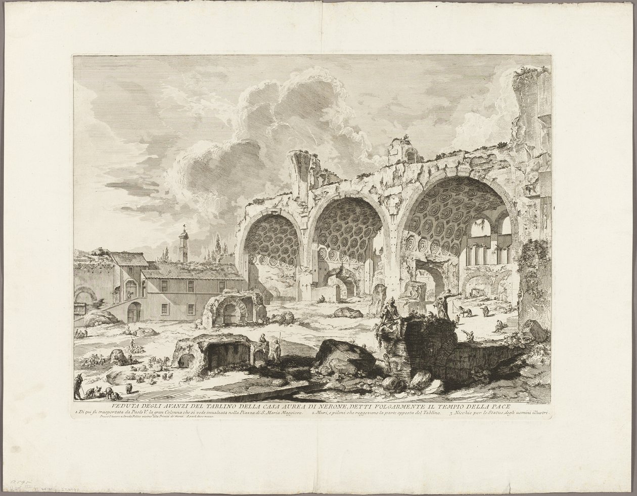 Vista de los Restos del Comedor de la Casa Dorada de Nerón, comúnmente llamado el Templo de la Paz, de Vistas de Roma de Giovanni Battista Piranesi