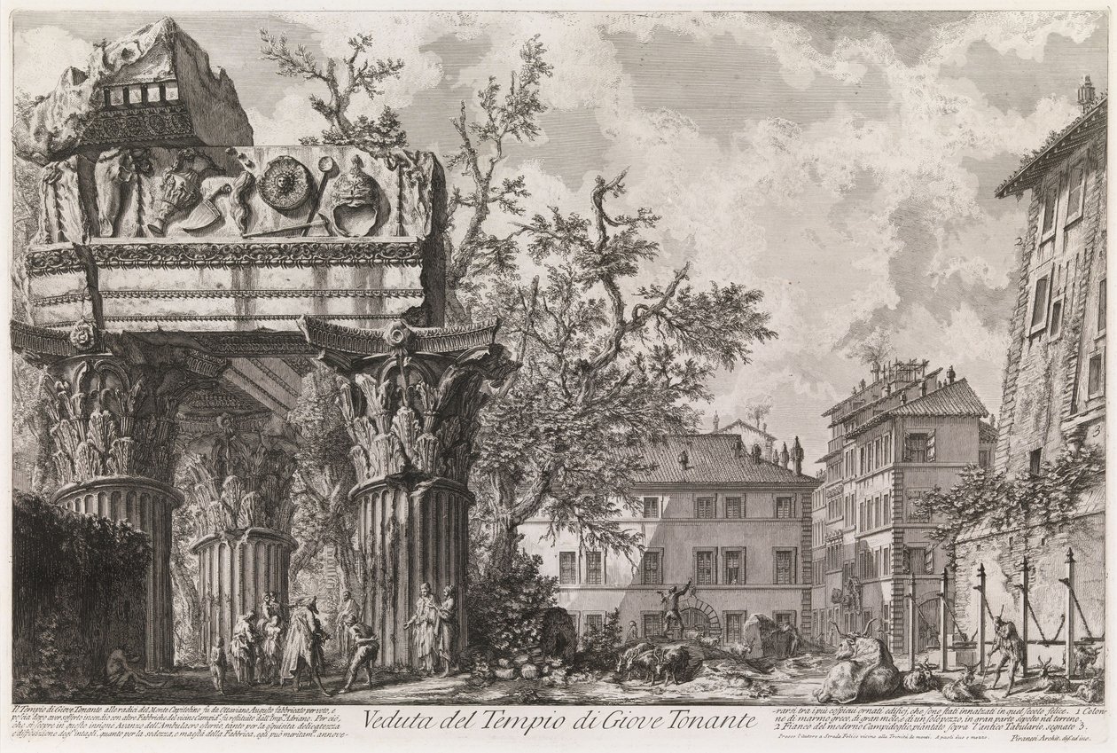 Vista del templo de Vespasiano y Tito, llamado templo de Júpiter Tonante, de la serie Vedute di Roma de Giovanni Battista Piranesi