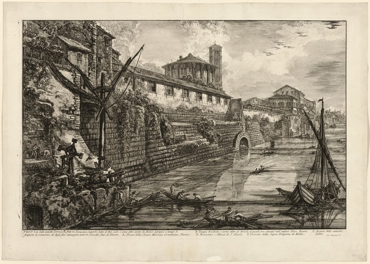 Vista de la antigua estructura construida por Tarquinius Superbus llamada el Bel Lido, y como otras, construida por Marco Agripa en la época de Augusto cuando limpió todas las alcantarillas que conducían al Tíber, de Vistas de Roma de Giovanni Battista Piranesi