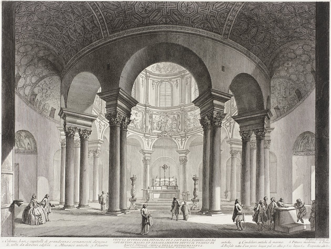 Vista del interior de la tumba de Santa Costanza, construida por Constantino el Grande y erróneamente llamada templo de Baco, hoy iglesia de Santa Costanza. de Giovanni Battista Piranesi