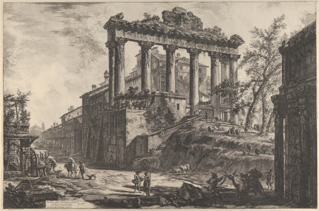 Vista del llamado templo de la Concordia con el templo de Saturno, a la derecha el arco de Septimio Severo de Giovanni Battista Piranesi