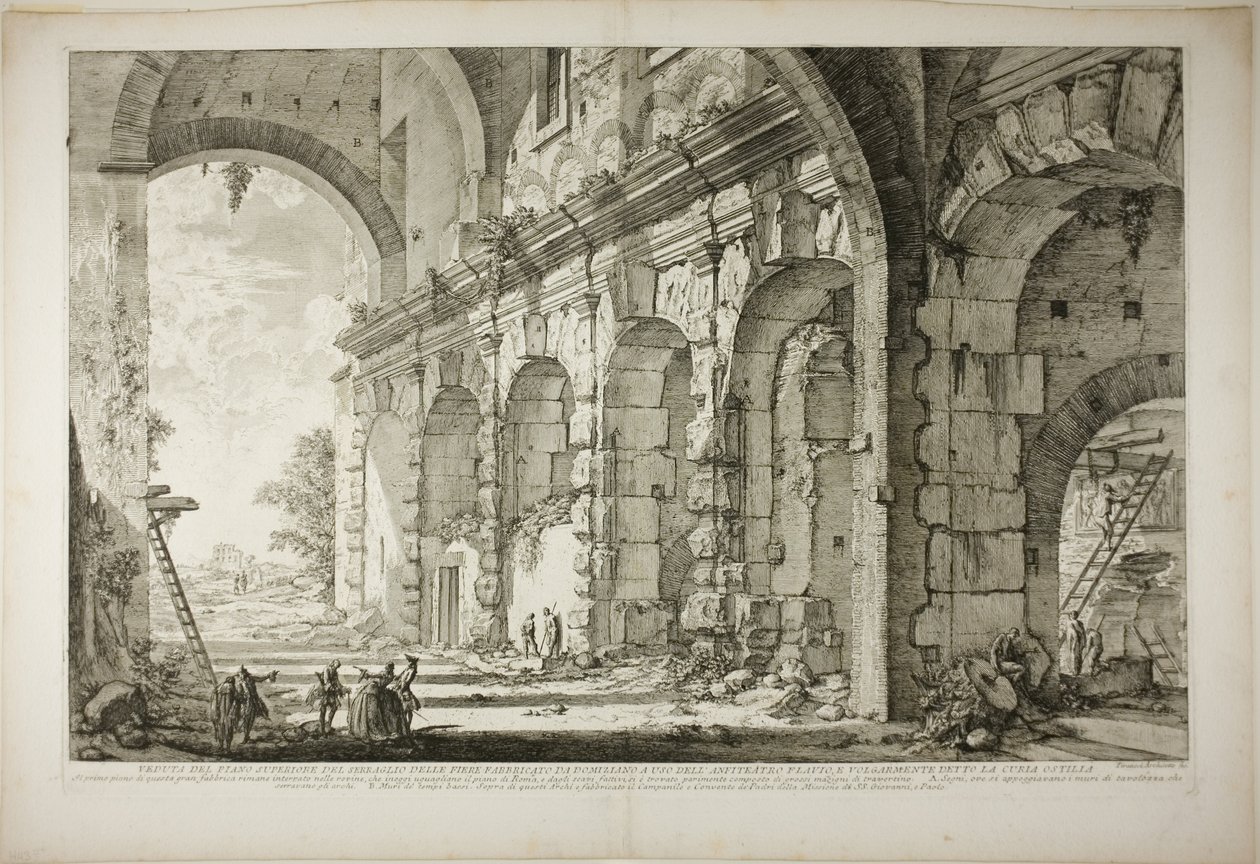Vista del piso superior de las jaulas para animales salvajes construidas por el emperador Domiciano, asociadas con el Anfiteatro Flavio y comúnmente llamadas la Curia Hostilia, de Vistas de Roma de Giovanni Battista Piranesi