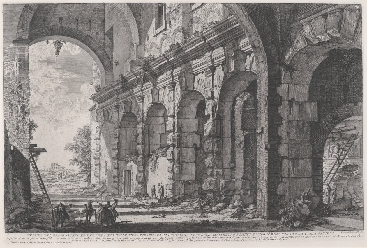 Vista del piso superior de las jaulas para animales salvajes construidas por el emperador Domiciano, asociadas con el Anfiteatro Flavio y comúnmente llamadas Curia Hostilia de Giovanni Battista Piranesi