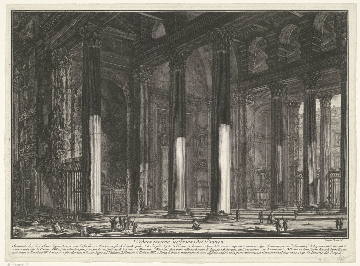 El Panteón de Roma
Vista interior del Pronao del Panteón (título en el objeto)
Gezichten op Rome (título de la serie)
Vistas de Roma dibujadas y grabadas por Giambattista Piranesi arquitecto Ve(nez)iano (título de la serie) de Giovanni Battista Piranesi