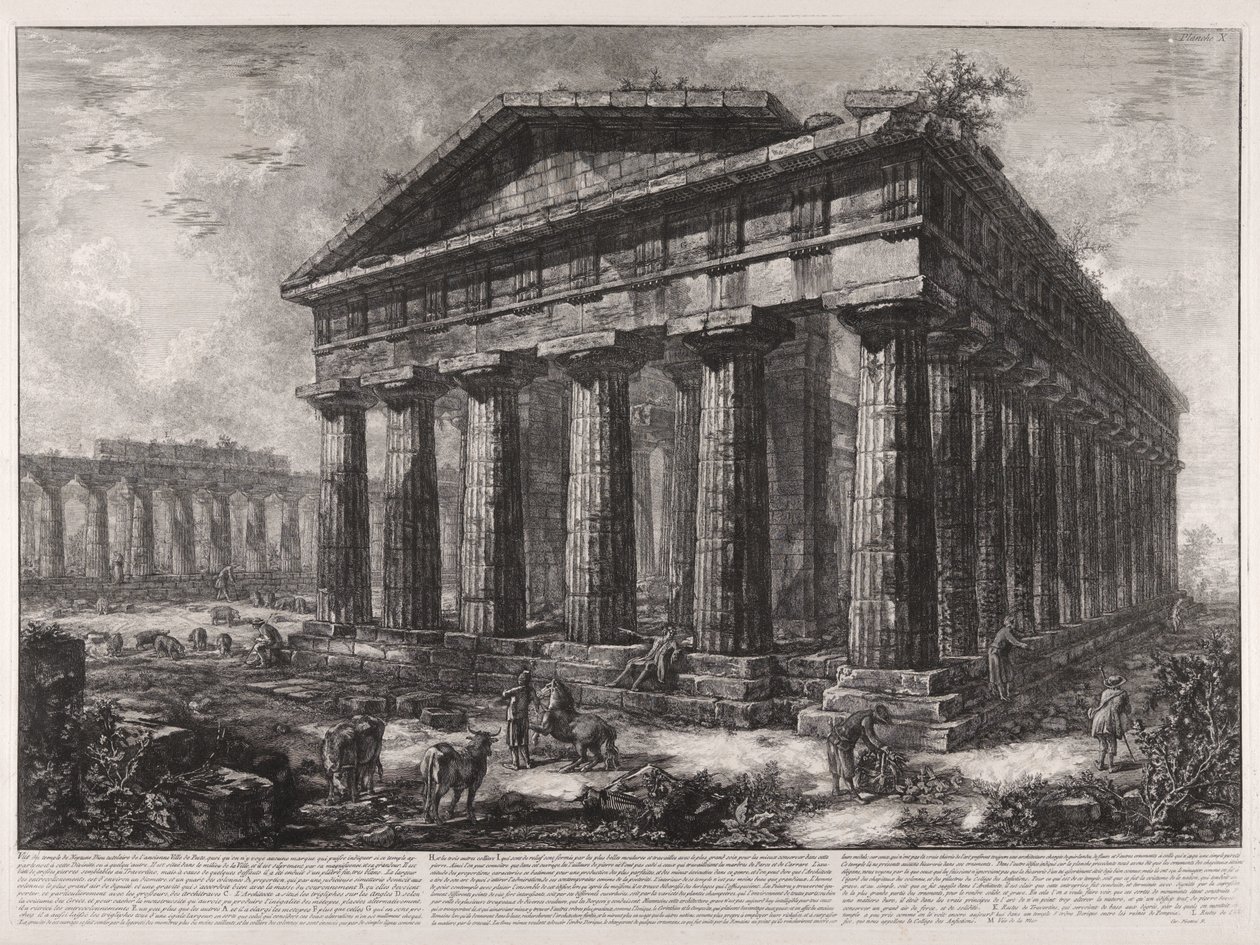 Vista del templo de Neptuno, dios tutelar de la antigua ciudad de Pesto, aunque no se ve ninguna señal que pueda indicar si este templo pertenecía a esta divinidad o a alguna otra ... de Giovanni Battista Piranesi