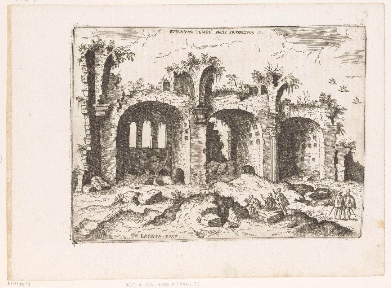 Vista de la Basílica de Majencio en Roma
Prospecto del Ruinarum Templi Pacis (título del objeto)
Ruinas romanas (título de la serie)
Praecipua aliquot Romanae Antiquitatis Ruinarum Monimenta (...) (título de la serie) de Giovanni Battista Pittoni (I)
