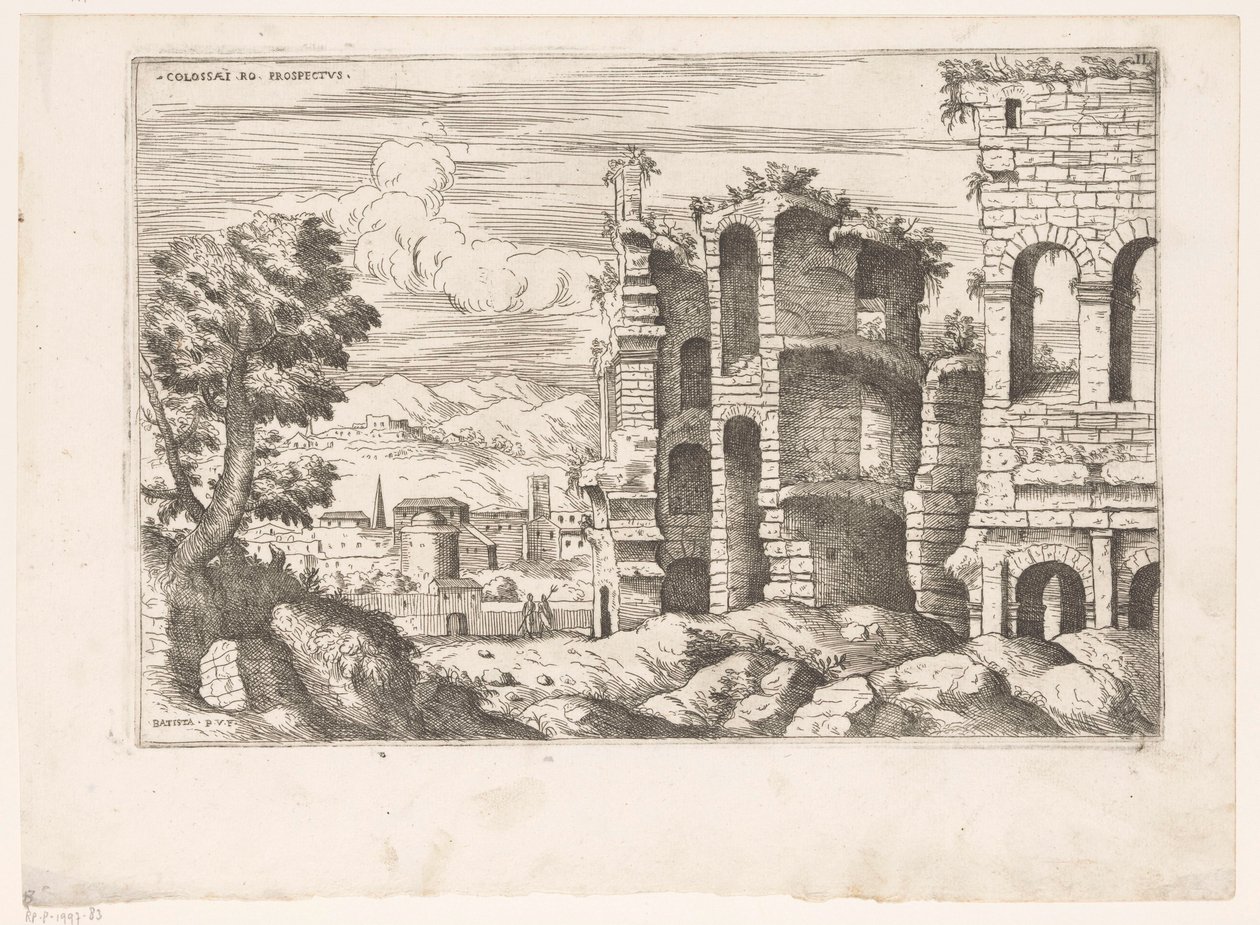 Vista del Coliseo y sus alrededores en Roma
Prospecto de Colossaei ro (título en el objeto)
Ruinas romanas (título de la serie)
Praecipua aliquot Romanae Antiquitatis Ruinarum Monimenta (...) (título de la serie) de Giovanni Battista Pittoni (I)
