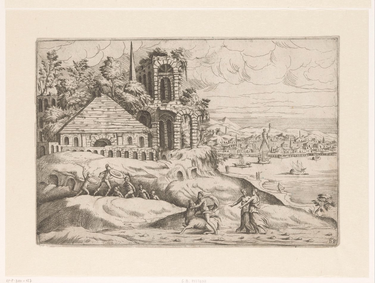 Paisaje con ruinas antiguas y el Coloso de Rodas Paisajes con ruinas (título de serie) de Giovanni Battista Pittoni (I)