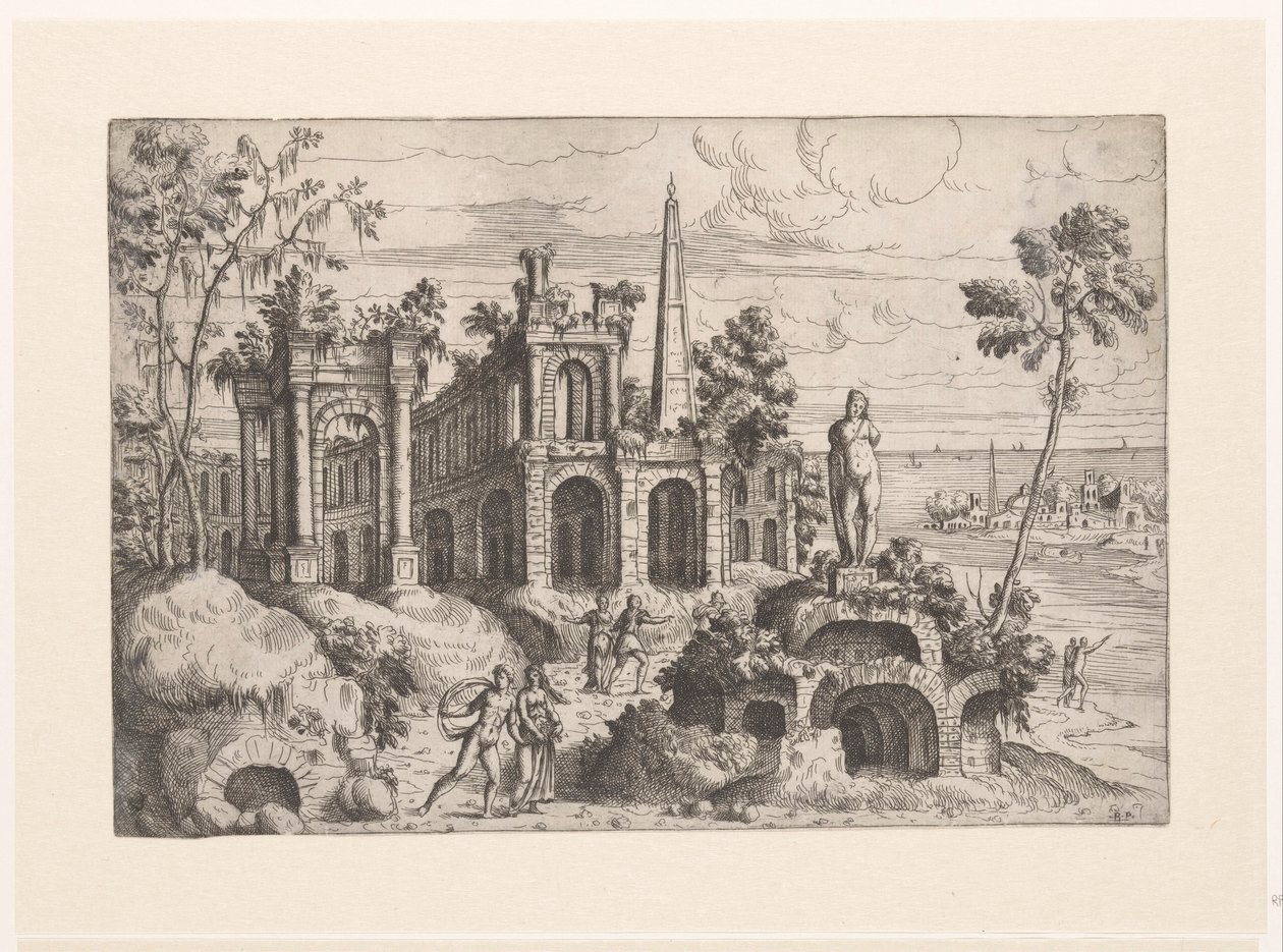 Paisaje con ruinas antiguas, escultura y obelisco. Paisajes con ruinas (título de serie) de Giovanni Battista Pittoni (I)