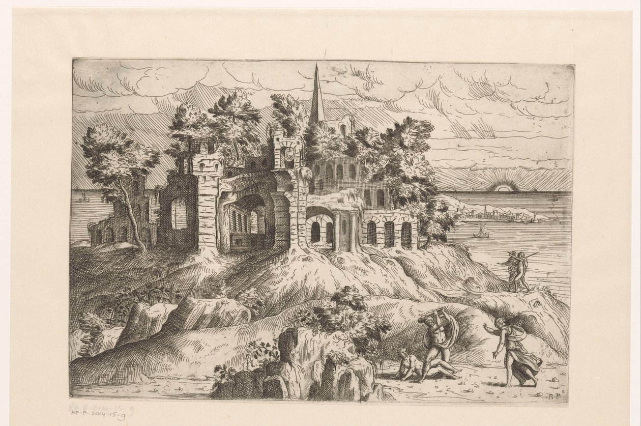 Paisaje con ruinas en el paseo marítimo y un sol naciente o poniente
Paisajes con ruinas y arquitectura de fantasía y figuras con trajes antiguos y exóticos (título de la serie) de Giovanni Battista Pittoni (I)