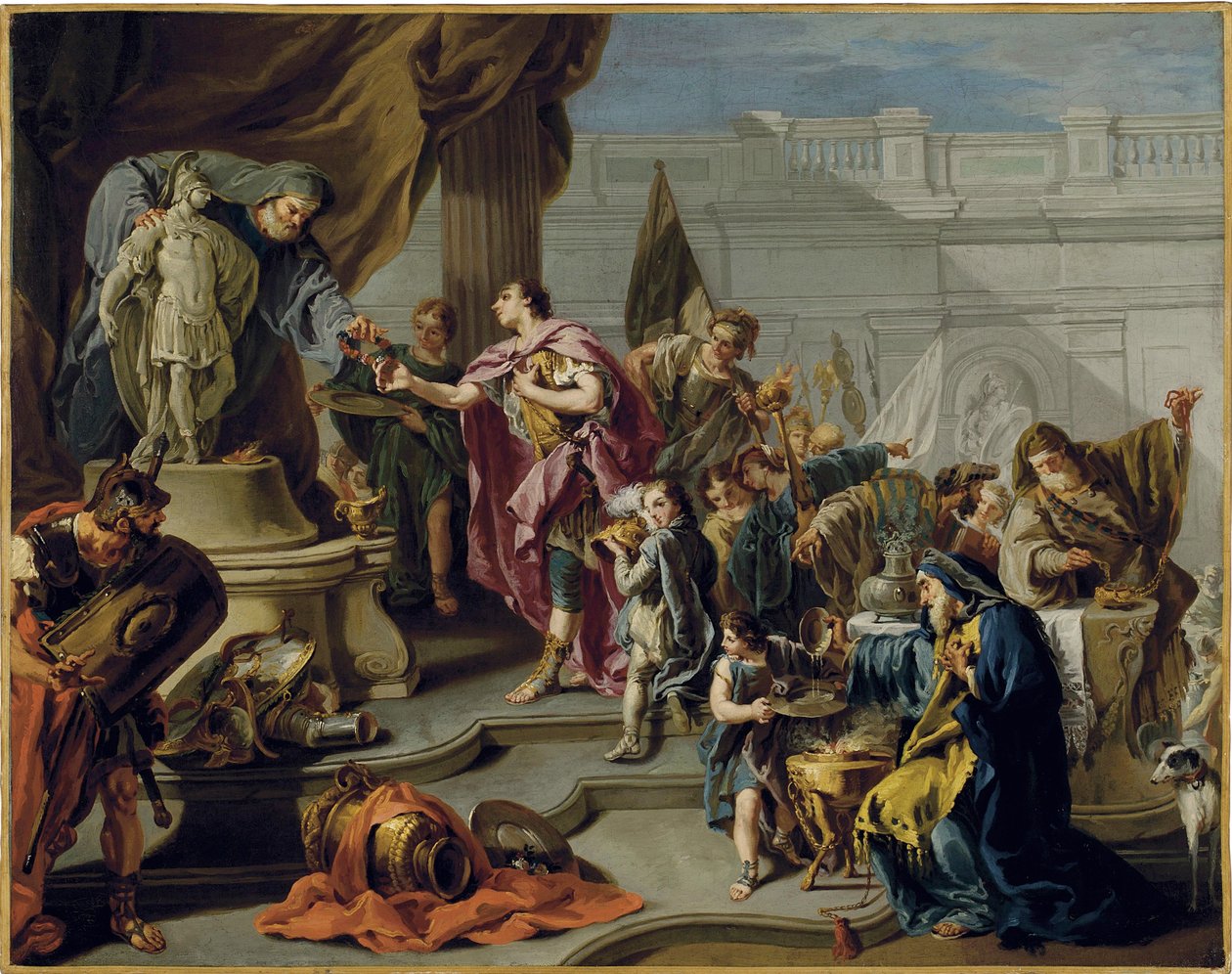Escipión el Africano (Publius Cornelius Scipio Africanus) (235-183 aC) rinde homenaje al dios Marte (Escipión rinde homenaje a Marte) - Pintura de Giovan Battista Pittoni (1687-1767), óleo sobre lienzo (71,7x91,1 cm) - Colección privada de Giovanni Battista Pittoni
