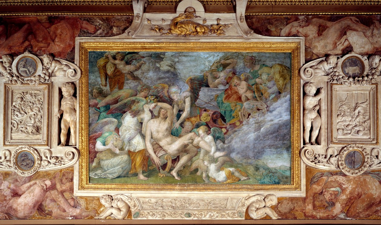 Fresco de la quinta travesía sur de la Galería François I en el castillo de Fontainebleau mostrando la muerte de Adonis de Giovanni Battista Rosso Fiorentino