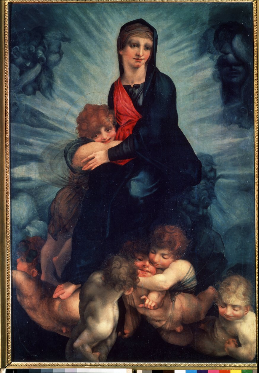 La Virgen y el Niño con ángeles (La Virgen y el Niño con ángeles). Pintura de Fiorentino Rosso (1495-1540). Óleo sobre tela de Giovanni Battista Rosso Fiorentino