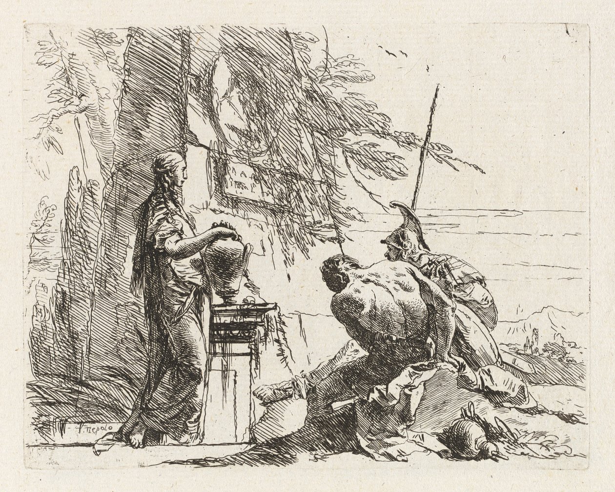 Una mujer con las manos en un jarrón, un soldado y un esclavo, de Vari capricci (Capriccios varios) de Giovanni Battista Tiepolo