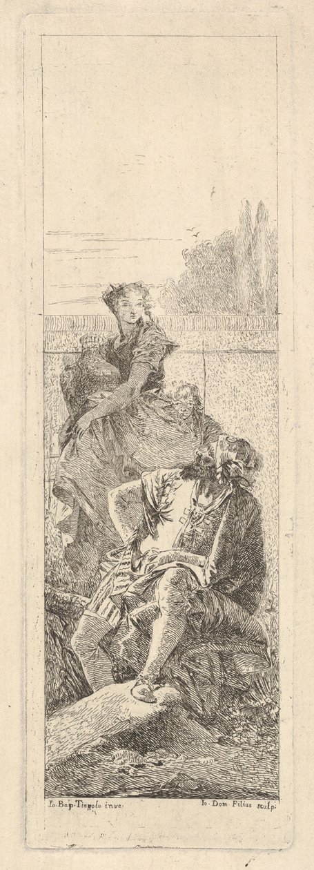 Un hombre barbudo, sentado, mira por encima de su hombro derecho hacia un niño y una mujer, ca. 1750-55 de Giovanni Battista Tiepolo
