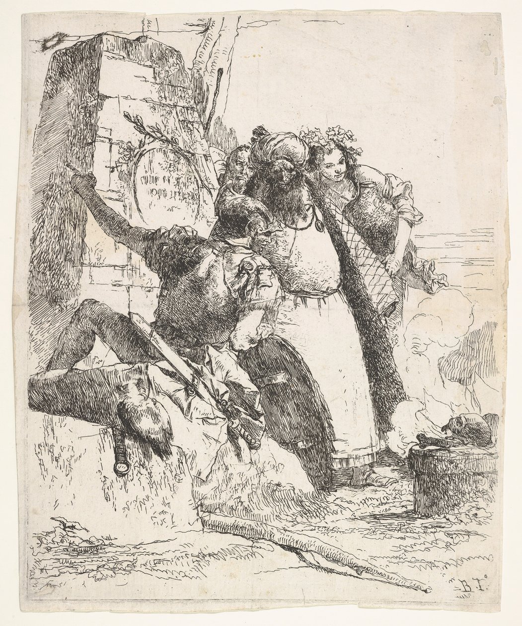 Una escena de nigromancia: una mujer con un recipiente, un hombre con turbante y un soldado miran..., ca. 1743-57 de Giovanni Battista Tiepolo