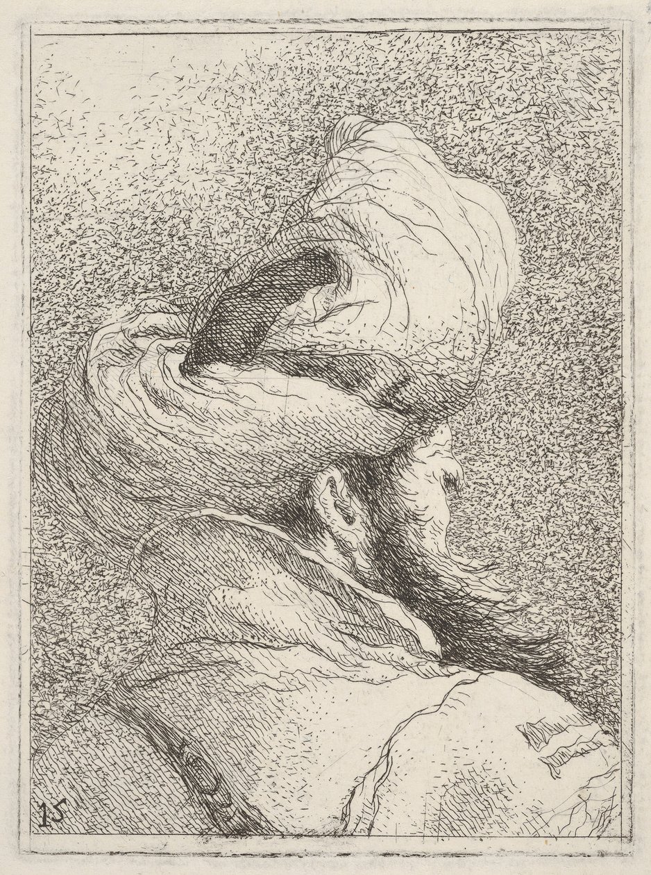 Hombre con barba usando un turbante, representado en busto desde atrás en tres cuartos de vista..., ca. 1770 de Giovanni Battista Tiepolo