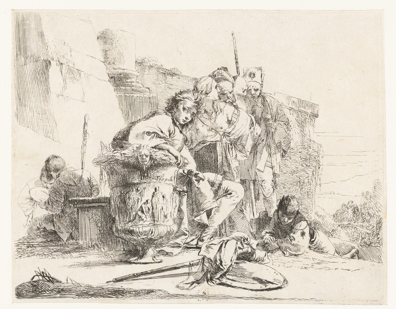 Niño sentado junto a un jarrón con otras personas de Giovanni Battista Tiepolo