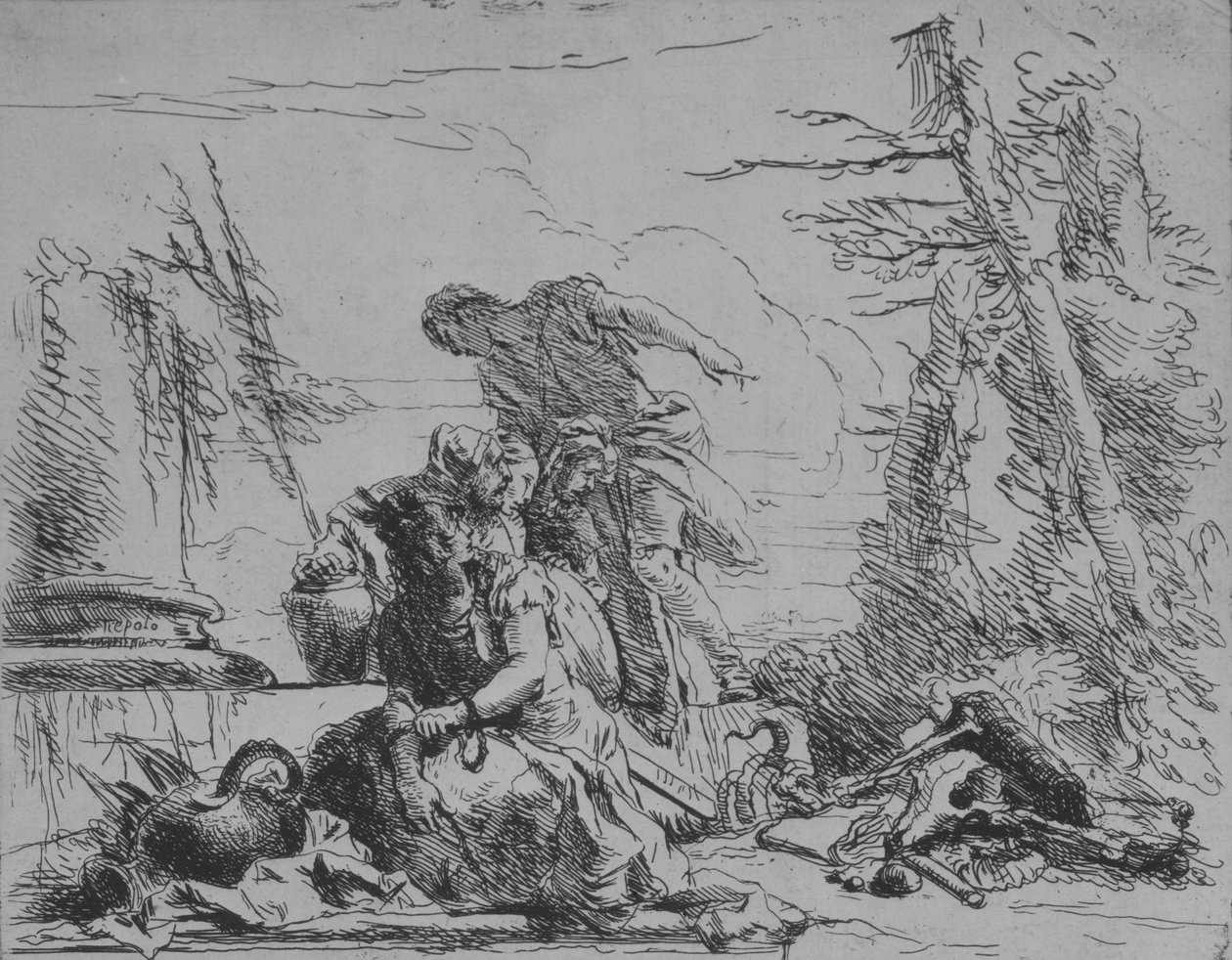 Mujer encadenada y otras figuras observando una pira de huesos, de los Capricci, 1743 de Giovanni Battista Tiepolo