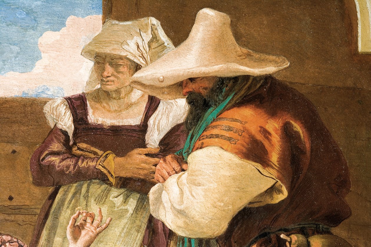 (detalle) de Angélica y Medoro despidiéndose de los campesinos, de la Sala de Orlando Furioso en la Palazzina, 1757 de Giovanni Battista Tiepolo