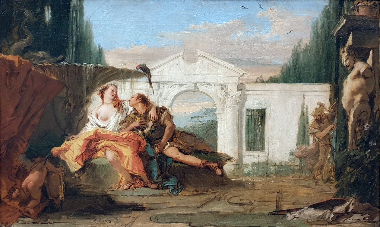 Alemán:  Rinaldo und Armida im Zaubergarten Armidas, von Carlo und Ubaldo belauscht Rinaldo y Armida en el jardín mágico de Armida, espiados por Carlo y Ubaldo de Giovanni Battista Tiepolo