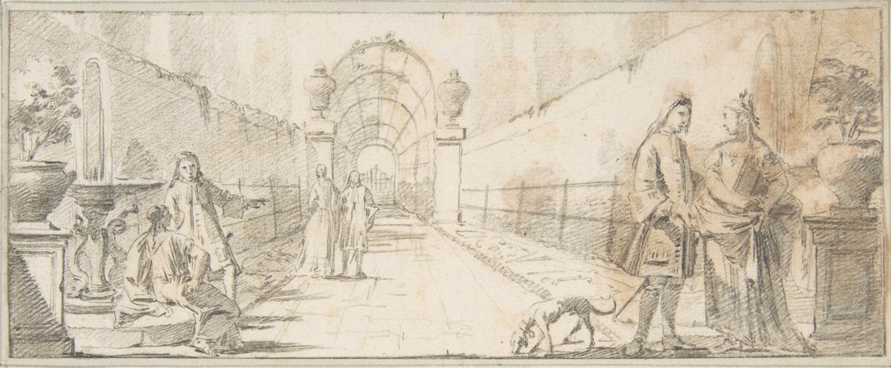 Ilustración para un libro:  Personajes conversando en un jardín de Giovanni Battista Tiepolo
