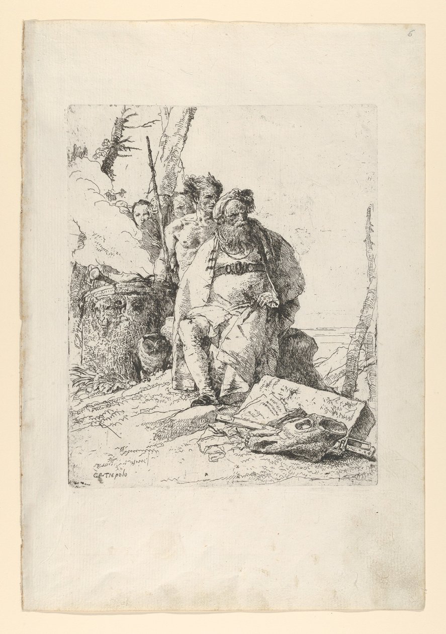 Mago con cuatro figuras cerca de un altar humeante, de los Scherzi de Giovanni Battista Tiepolo