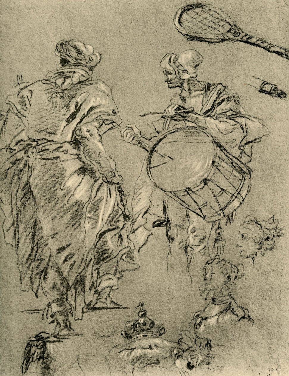 Hombre visto desde atrás, un tamborilero y pequeños estudios, 1751-1752, 1928 de Giovanni Battista Tiepolo