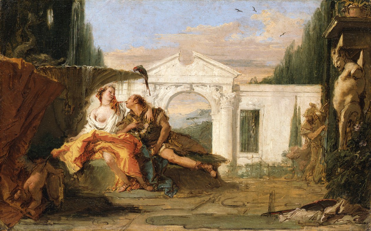 Rinaldo y Armida en el jardín encantado de Armida, espiados por Carlo y Ubaldo de Giovanni Battista Tiepolo