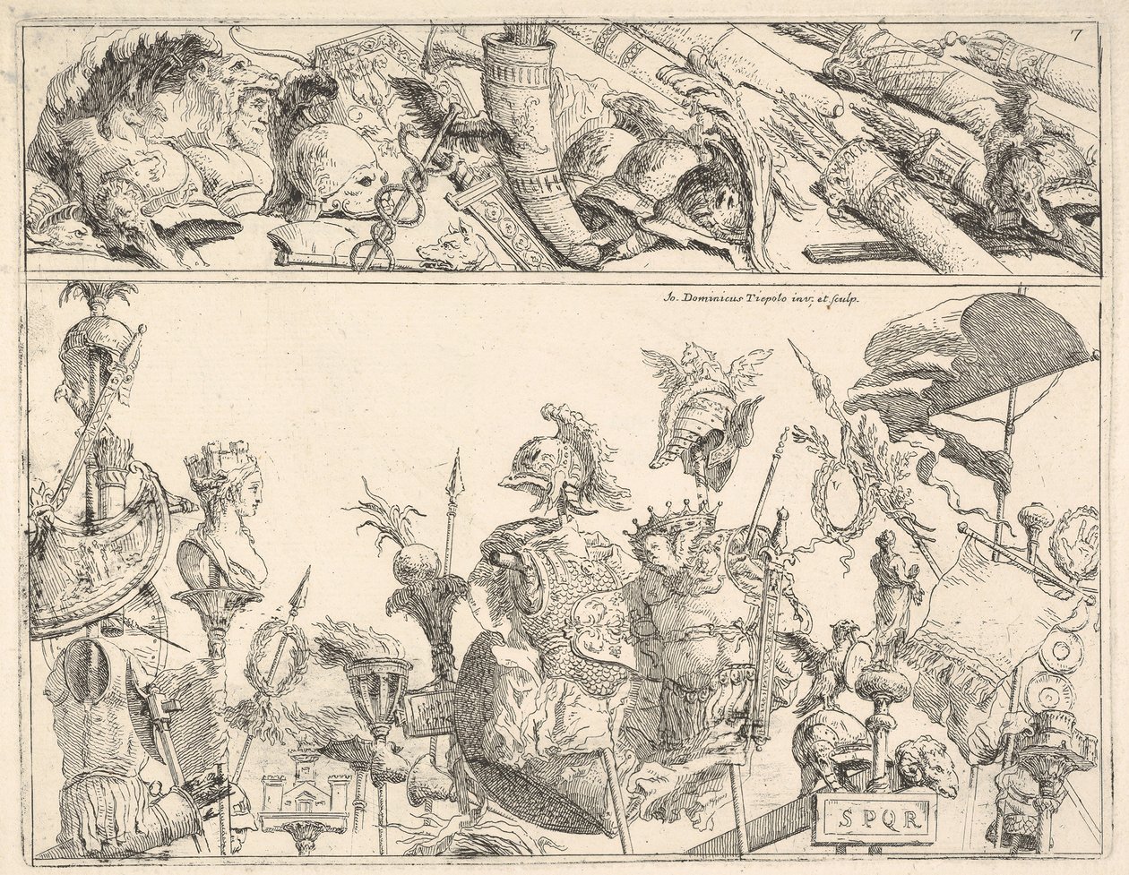 Armas romanas, estandartes y trofeos, una composición dividida en dos bandas horizontales de Giovanni Battista Tiepolo