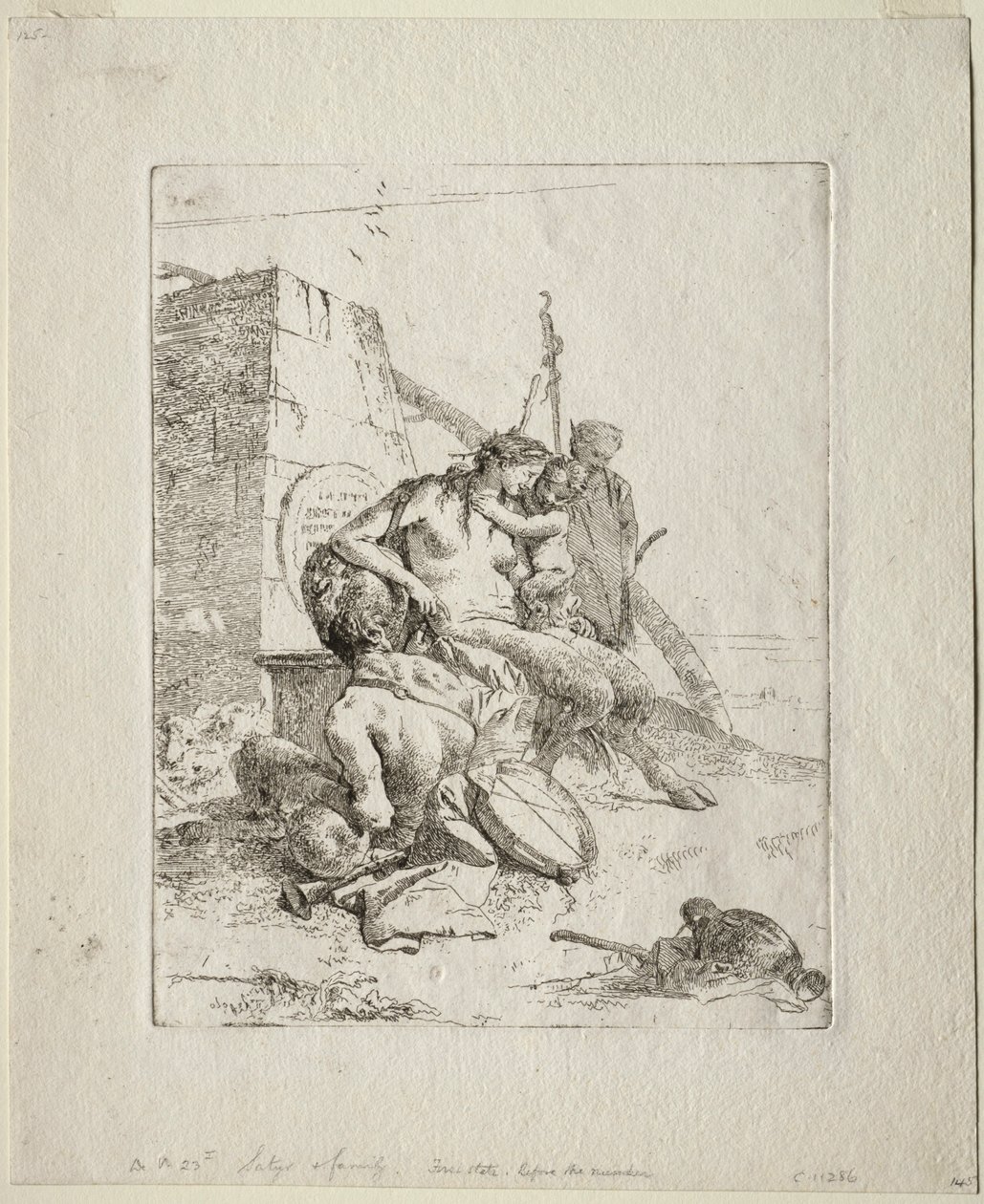 Scherzi: Familia de sátiros con el obelisco de Giovanni Battista Tiepolo