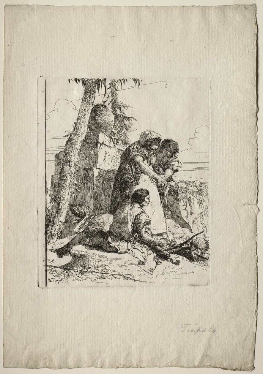 Scherzi di Fantasia: Mago señalando una cabeza ardiente a dos jóvenes, 1750s de Giovanni Battista Tiepolo