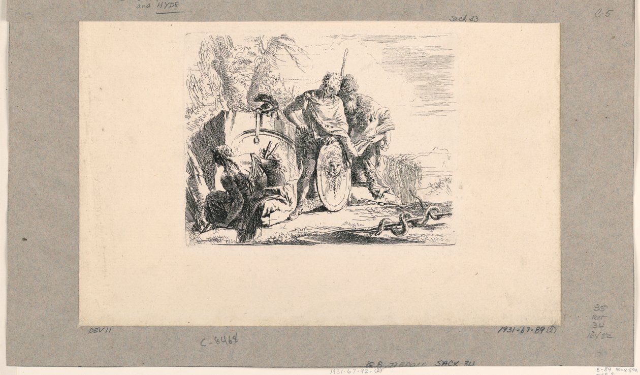 Mujer sentada, joven soldado y mago, de los Vari Capricci de Giovanni Battista Tiepolo