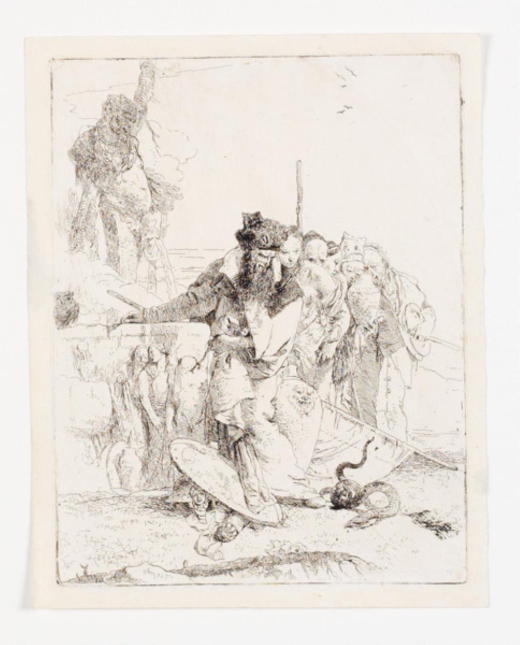Seis personas observando una serpiente. Hoja de la serie Scherzi di fantasia. (Rizzi 15; De Vesme 24) de Giovanni Battista Tiepolo