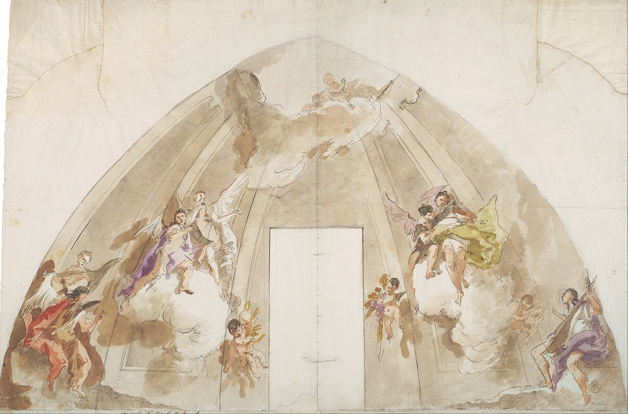 Ángeles cantores y músicos: Dibujo preparatorio para el techo de la catedral de Udine de Giovanni Battista Tiepolo