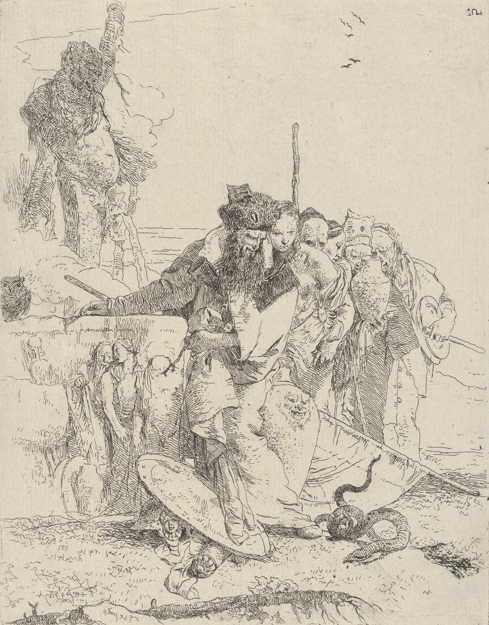 Seis personas observando una serpiente, de los Scherzi de Giovanni Battista Tiepolo