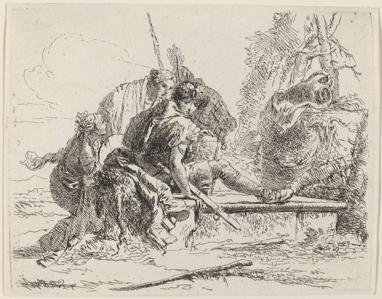 Soldado sentado en una tumba con figuras alrededor de Giovanni Battista Tiepolo