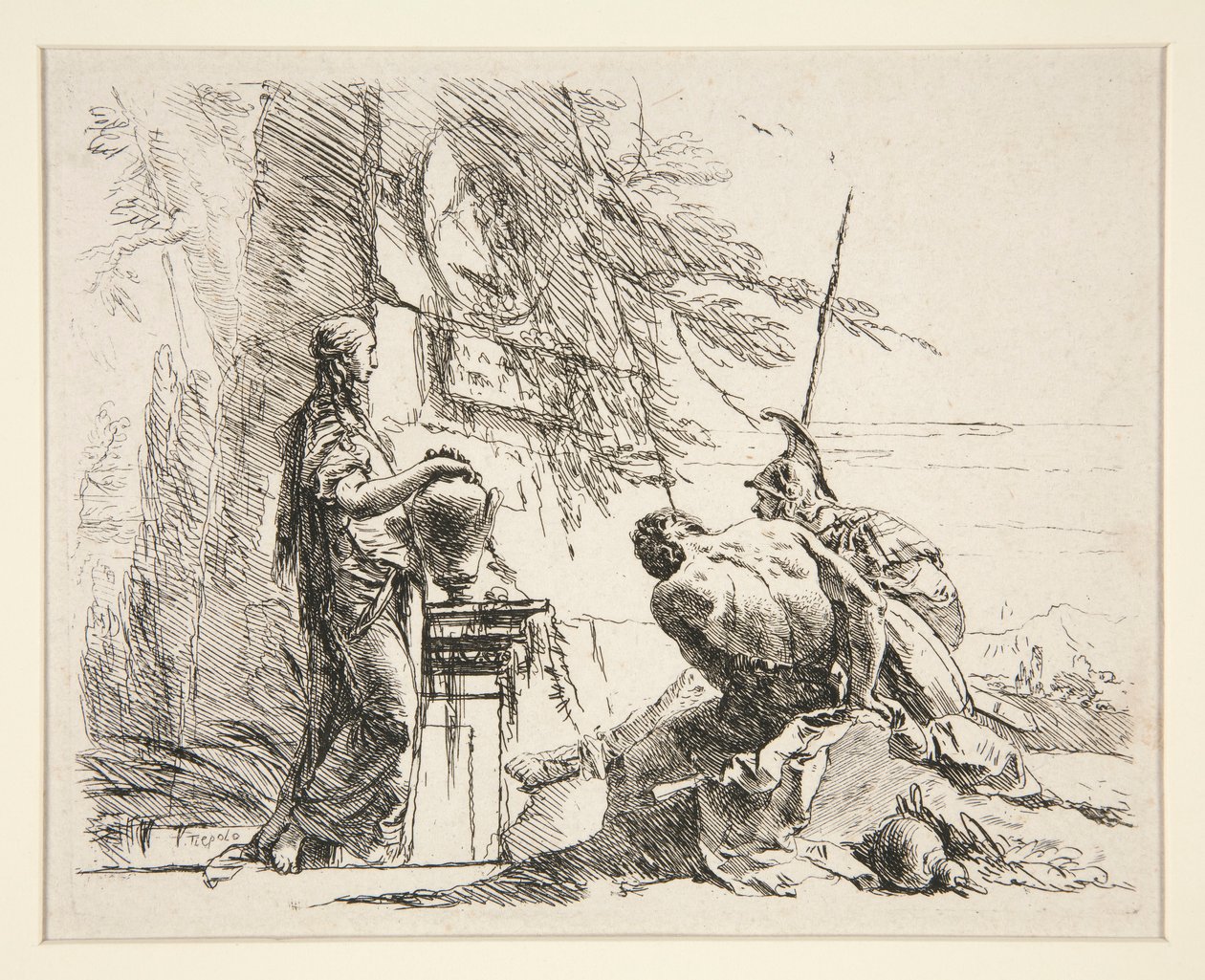 Mujer de pie y hombre sentado ante un obelisco, de la serie Vari Capricci de Giovanni Battista Tiepolo